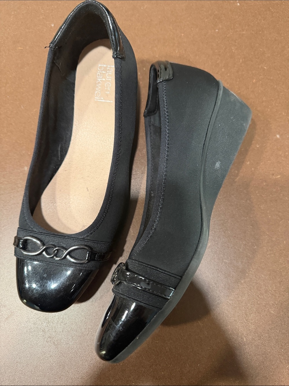 Lauren Blackwell Black Women's Wedge Loafers with Patent Cap Toe